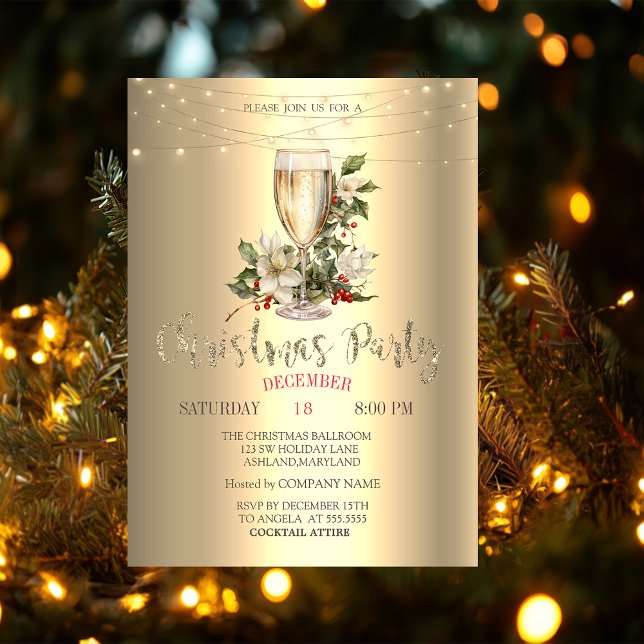 Champagne,Poinsettia,Holly Berry Gold Christmas  Invitation (Creator Uploaded)