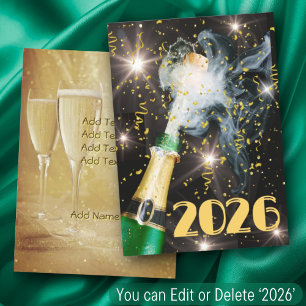 Champagne Popping Gold Confetti 2026 New Year Text Holiday Card
