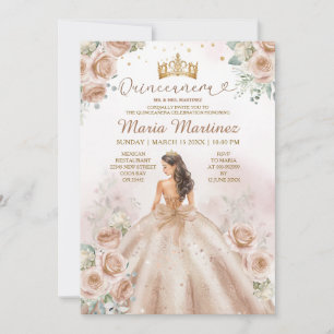 Champagne Princess Floral Gold Glitter Quinceañera Invitation