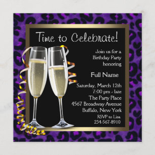 Champagne Purple Leopard Birthday Party Invitation