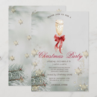 Champagne Red Bow Branches Snowflakes Company  Invitation