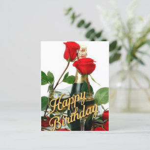 Champagne & Red Roses Birthday Post Card