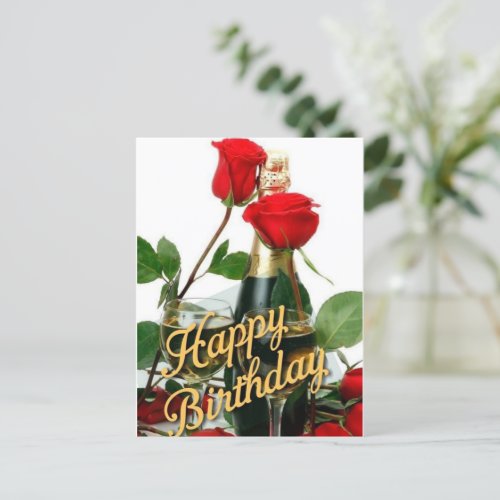 Champagne  Red Roses Birthday Post Card