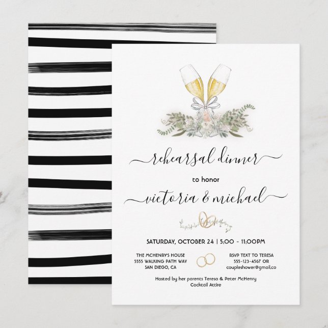 Champagne Rehearsal Dinner floral watercolor Invitation (Front/Back)