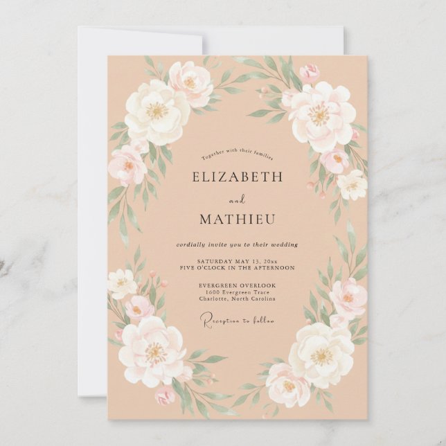 Champagne Romantic Peony Wedding Invitation (Front)