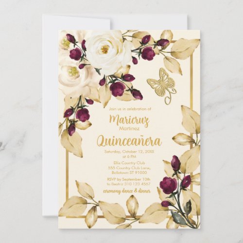 Champagne Rose Burgundy Buds Gold Leaves Butterfly Invitation