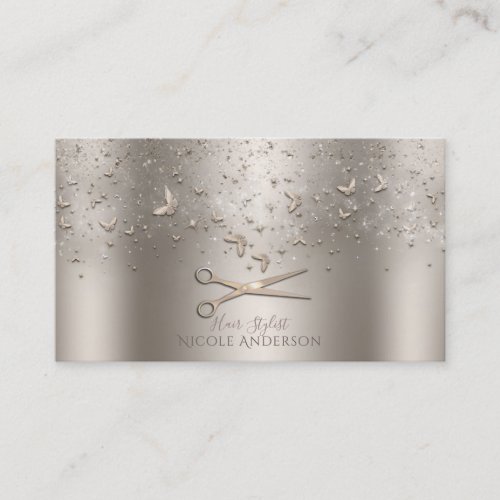 Champagne Rose Gold Butterflies Scissors Stylist Business Card