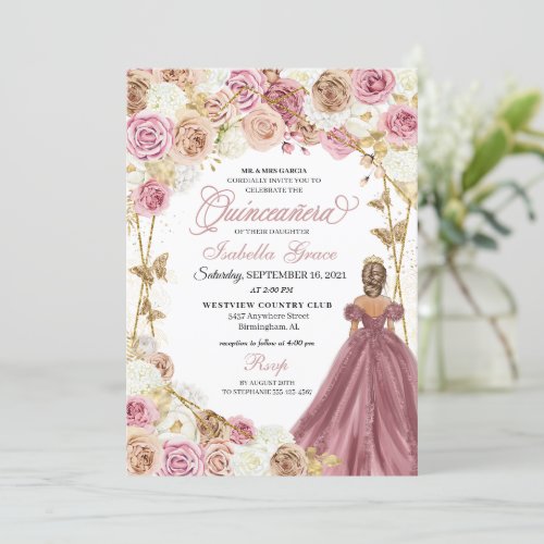 Champagne Rose Gold Butterfly Princess Quinceanera Invitation