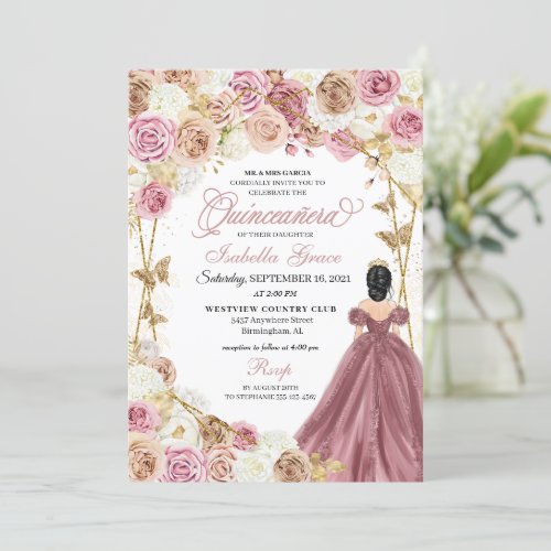 Champagne Rose Gold Butterfly Princess Quinceanera Invitation