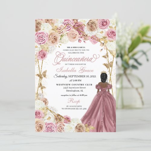 Champagne Rose Gold Butterfly Princess Quinceanera Invitation