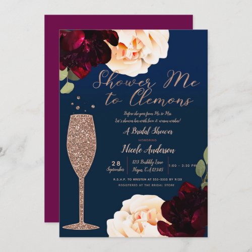 Champagne Rose Gold Navy Blue Floral Bridal Shower Invitation