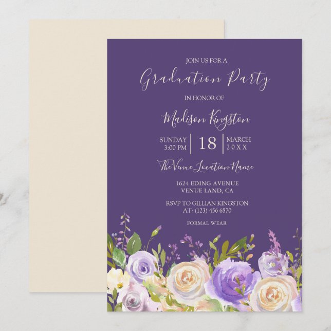 Champagne Rose Purple Flowers Graduation Party Invitation (Front/Back)
