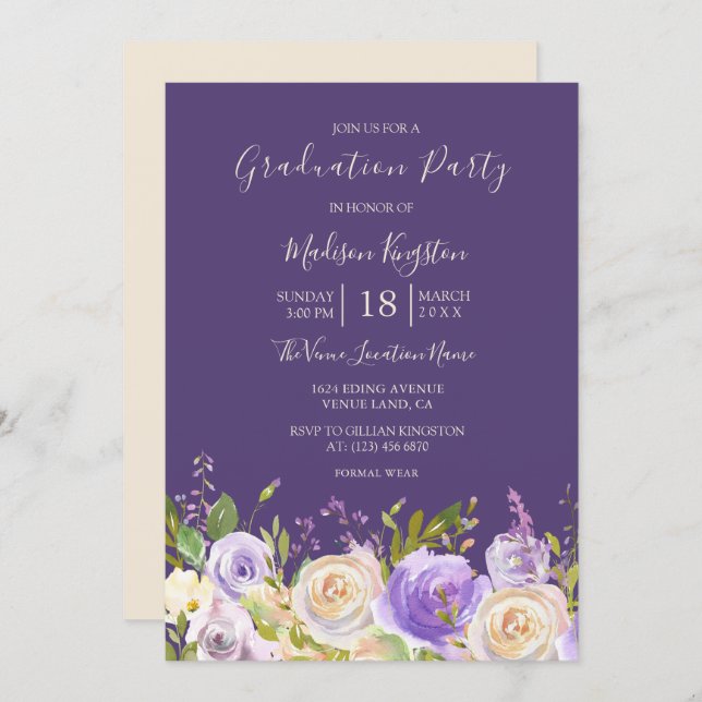 Champagne Rose Purple Flowers Graduation Party Invitation (Front/Back)