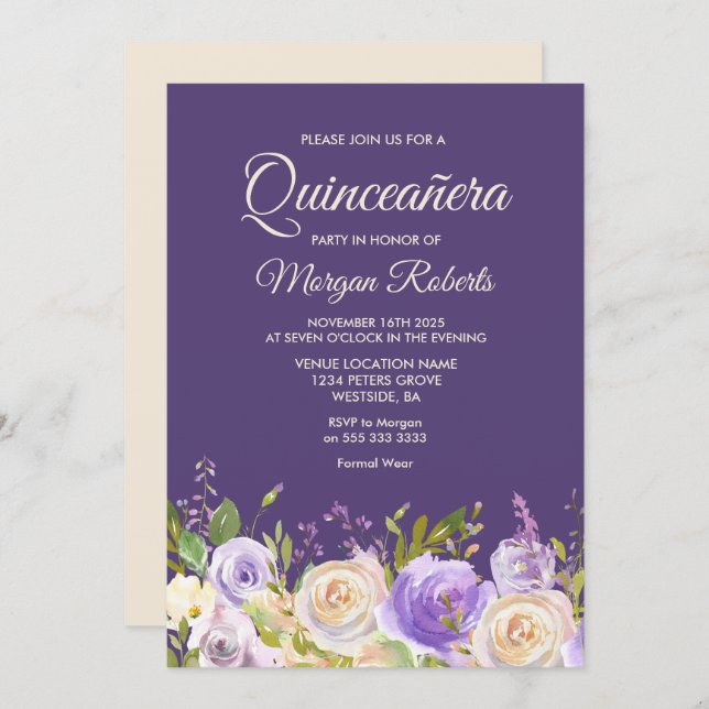 Champagne Rose Purple Flowers Quinceanera Party Invitation (Front/Back)