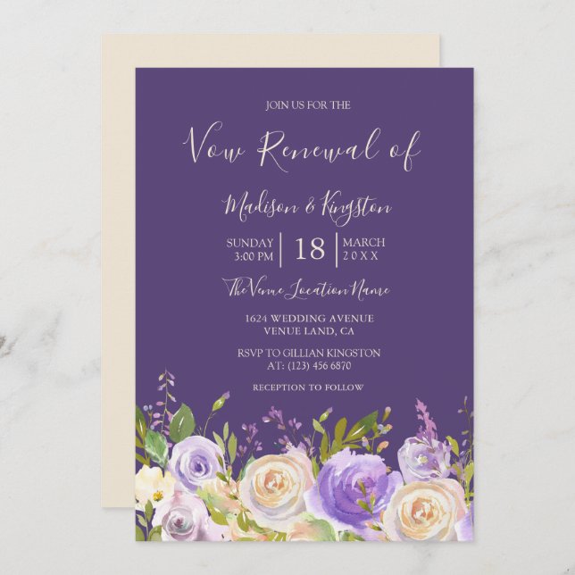 Champagne Rose Purple Flowers Vow renewal invite (Front/Back)