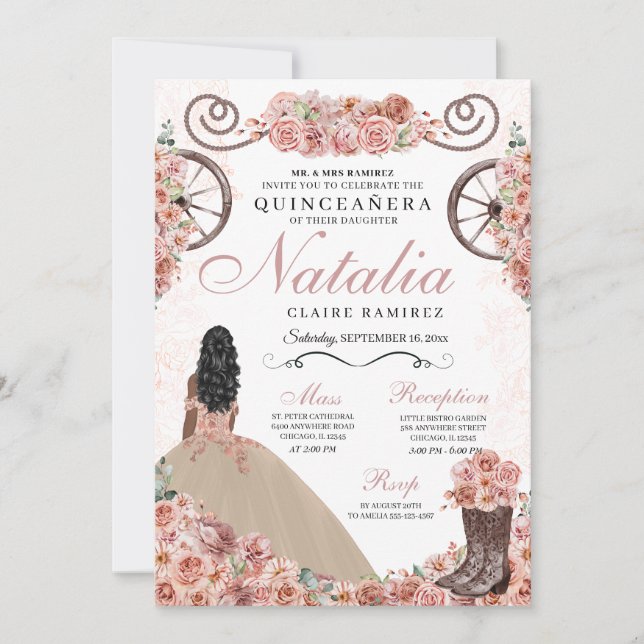Champagne Rose Ranchero Princess Dress Quinceanera Invitation (Front)