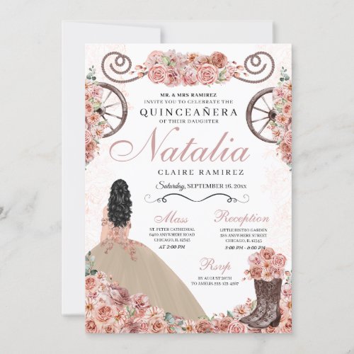 Champagne Rose Ranchero Princess Dress Quinceanera Invitation