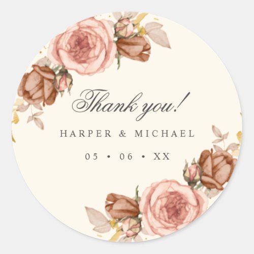 champagne roses ivory blush pink wedding thank you classic round sticker