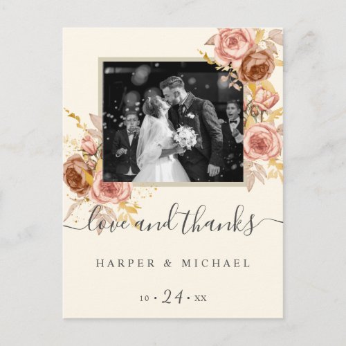 Champagne roses photo wedding thank you postcard