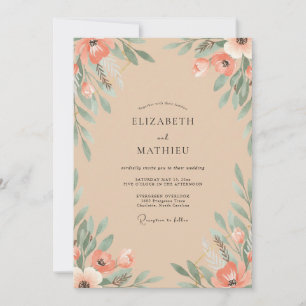 Champagne Salmon Leafy Wedding Invitation