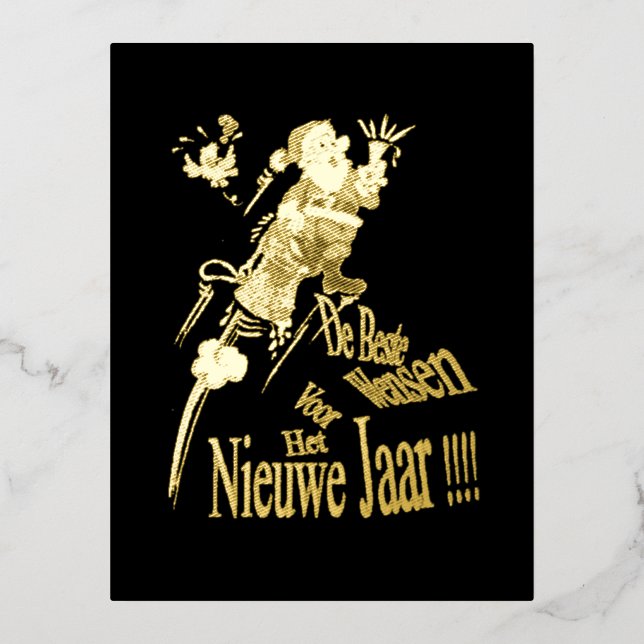 Champagne Santa Nieuwjaars Gold Foil Postcard (Front)