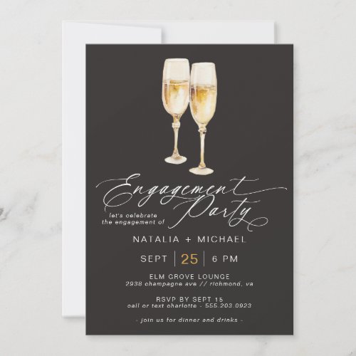Champagne Script  Elegant Black Engagement Party Invitation