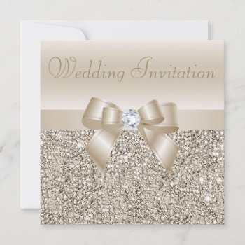 Champagne Sequins  Bow & Diamond Wedding Invitation by AJ_Graphics at Zazzle