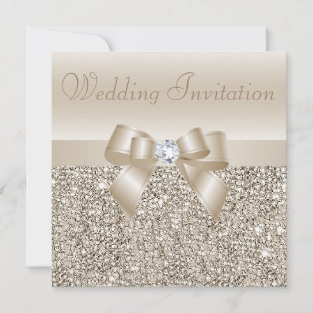 Champagne Sequins, Bow & Diamond Wedding Invitation