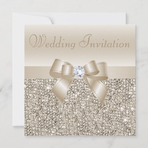 Champagne Sequins Bow  Diamond Wedding Invitation