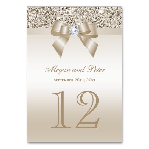 Champagne Sequins Bow Wedding Table Number Cards