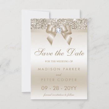 Champagne Sequins Diamond Bow Save The Date by AJ_Graphics at Zazzle