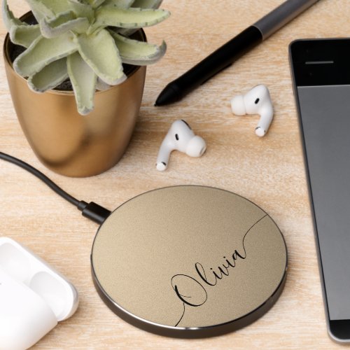 Champagne Shimmer Elegant Calligraphy Script Name Wireless Charger