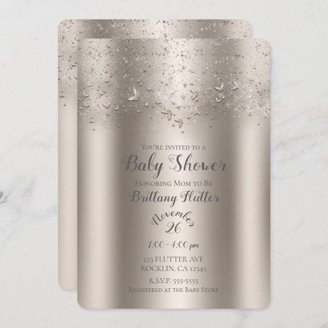 Champagne Shimmer Flutter Butterfly Baby Shower Invitation (Front/Back)