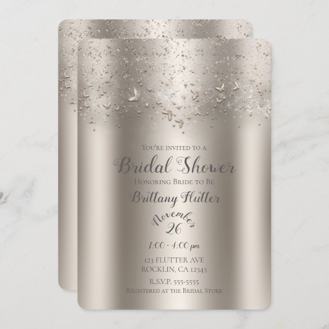 Champagne Shimmer Flutter Butterfly Bridal Shower Invitation (Front/Back)