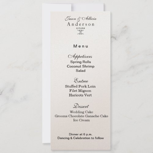 Champagne Shimmer Menu Card for Weddings  Galas