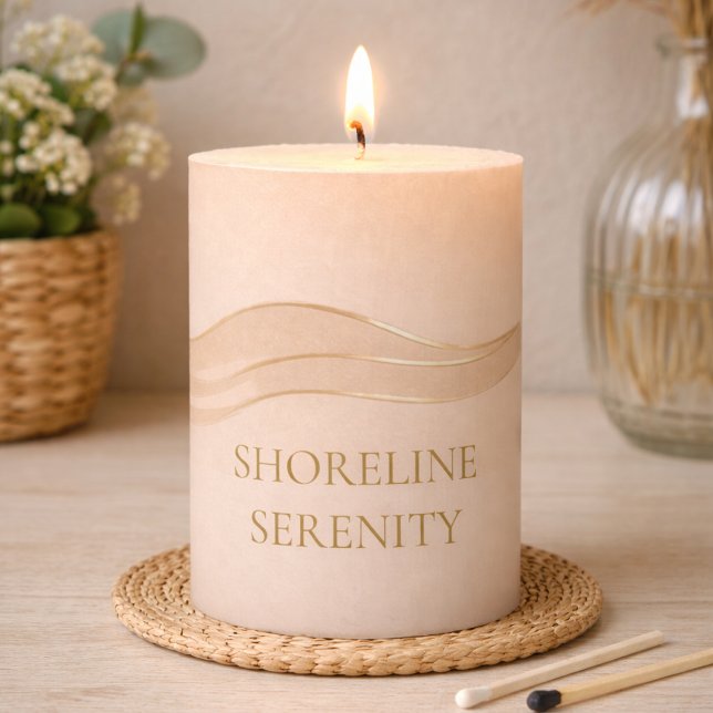 Champagne Shore Glow Pillar Candle (Neutral shoreline label with serif title for elevated beach house decor)