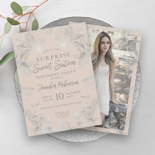 Champagne Silver Floral Photo SURPRISE Sweet 16   Invitation