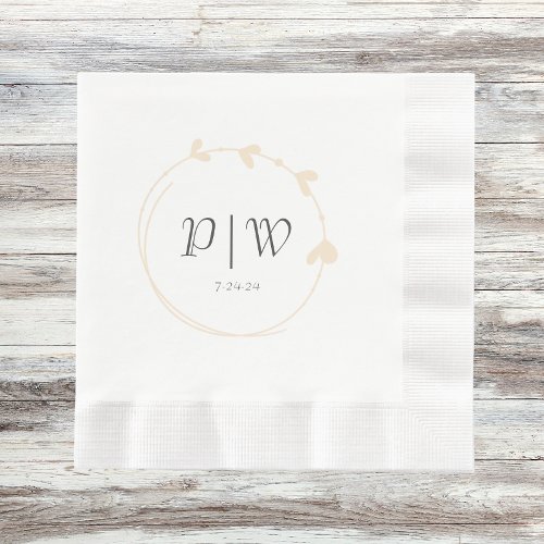 Champagne Simple Heart Wreath Initials Wedding Napkins