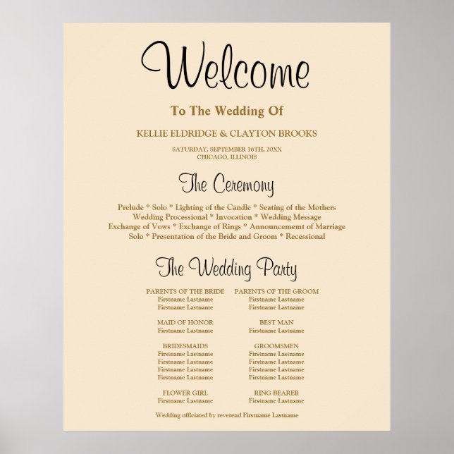 Champagne Simple Wedding Ceremony Program Sign (Front)