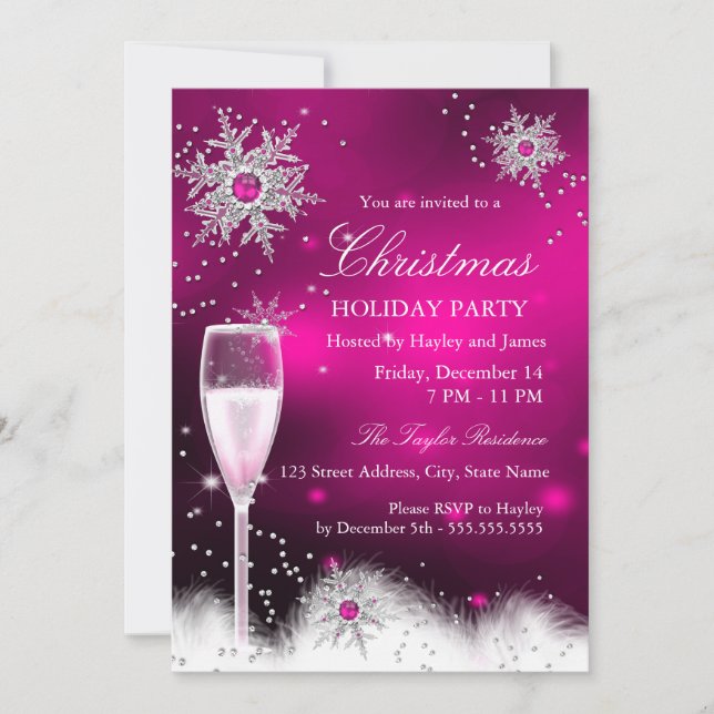 Champagne Snowflake Christmas Holiday Party pink Invitation (Front)