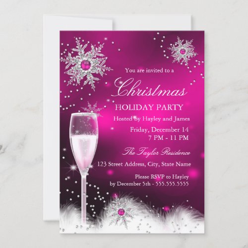 Champagne Snowflake Christmas Holiday Party pink Invitation