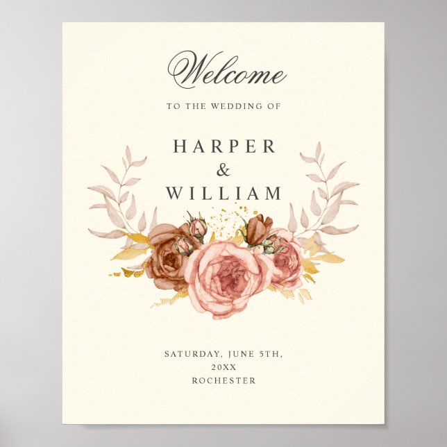 champagne soft pink roses crest wedding poster (Front)