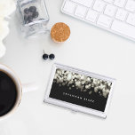 Champagne Spark | Personalized Business Card Case<br><div class="desc">Elegant business card holder features your name and/or business name in modern white lettering on a rich black background beneath a top border of luminous bokeh lights in shades of white and champagne.</div>