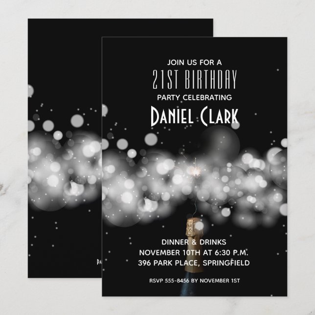 Champagne Sparkle 21st Birthday Party Invitations (Front/Back)