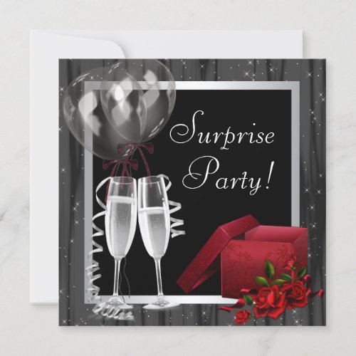 Champagne Sparkles Black White Surprise Party Personalized Invite
