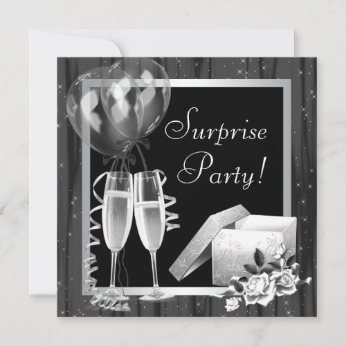 Champagne Sparkles Black White Surprise Party Invitation