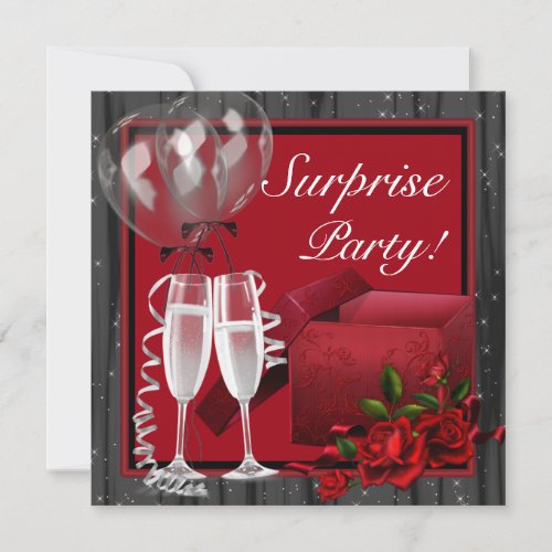 Champagne Sparkles Red Surprise Party Invitation