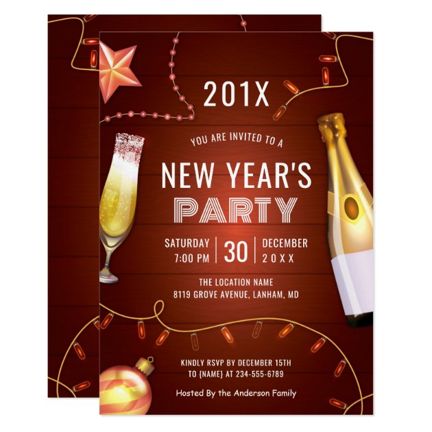 Champagne String Lights New Year's Party Invitation