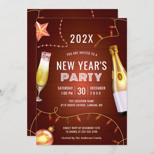 Champagne String Lights New Years Party Invitation
