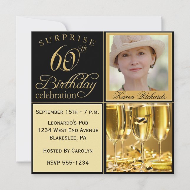 Champagne Surprise 60th Birthday Party Invitations (Front)